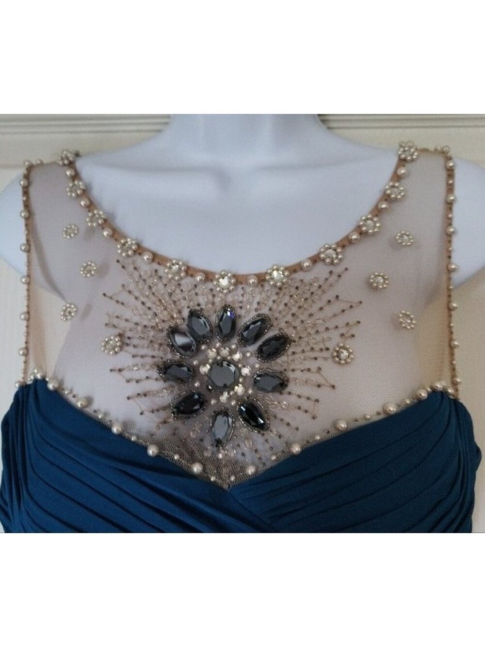 Adrianna Papell Embellished Teal Cocktail Bandage Dress w/Sheer Beaded Yoke 12 - Picture 6 of 8
